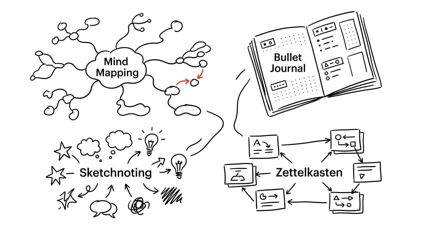 Ilustrace ke kapitole: Kreativní techniky: mind mapping, Bullet Journal, sketchnoting a Zettelkasten