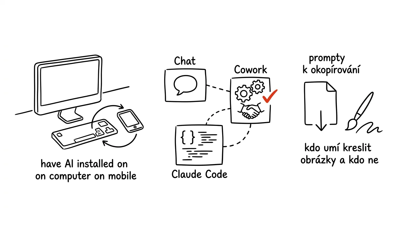 Ilustrace k článku: AI pro úplné začátečníky: co si nainstalovat do počítače i mobilu a v čem se liší chat, Cowork a Claude Code