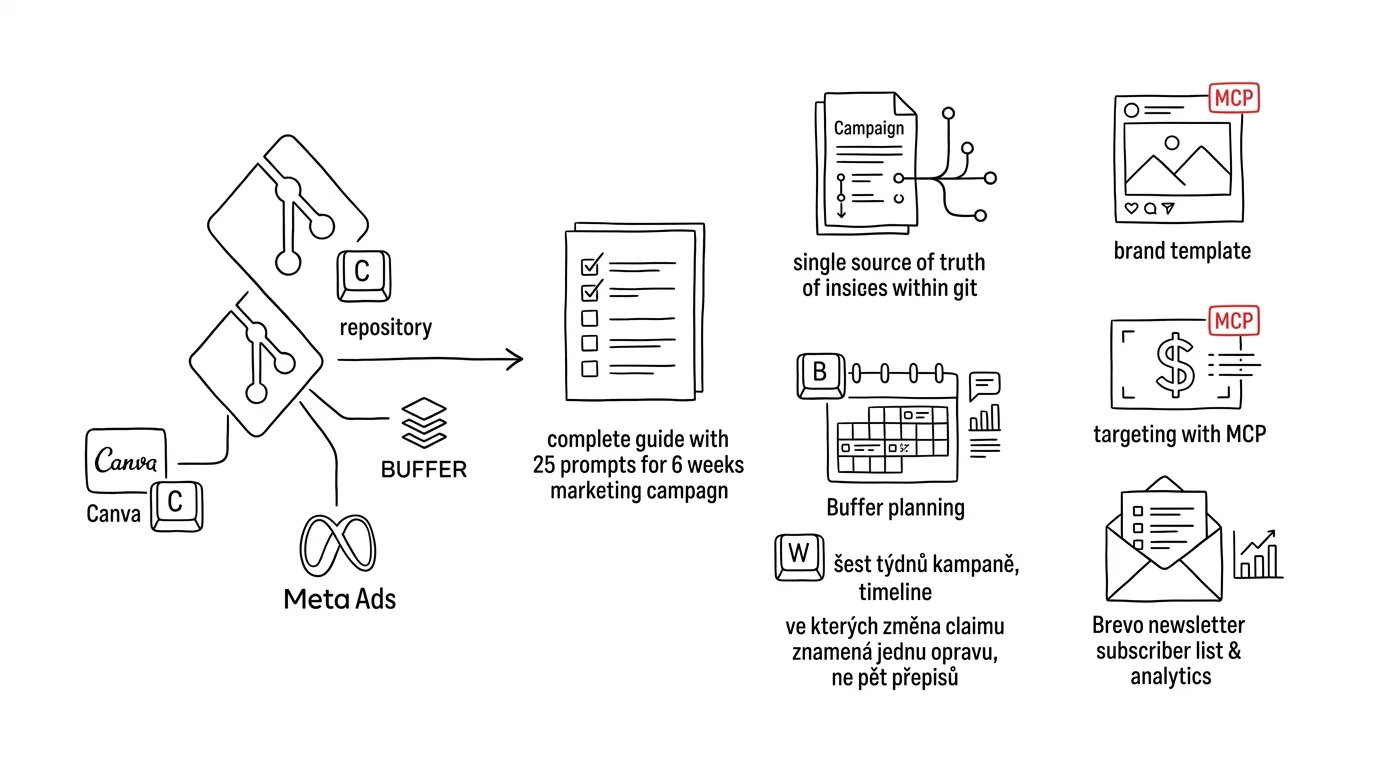 Ilustrace k článku: Marketingová kampaň z jednoho zdroje pravdy: Canva, Buffer, Meta Ads a Brevo přes MCP